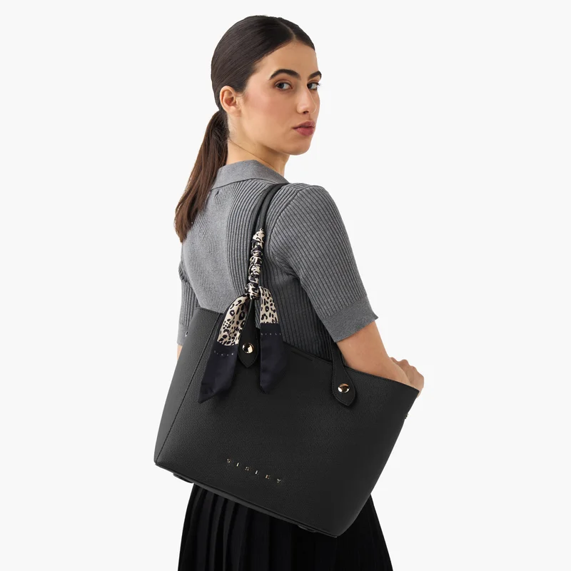 Sisley Sisley-Shopper bag W/Textured PU & Scarf charm-Black-Q2-AW25
